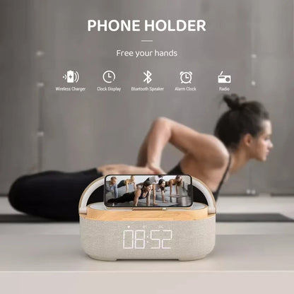 Portable Bluetooth Speaker with Wireless Charging — FM Radio, Alarm Clock, Music Sound Box, Night Light & Charger Lamp