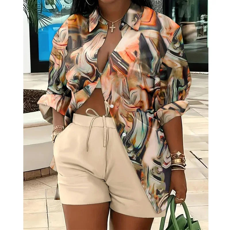 Women’s Colorful Striped Two-Piece Set – Casual Summer Button-Up Long Sleeve Shirt & Shorts Outfit
