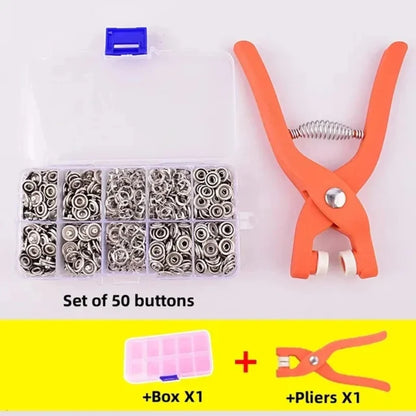 Snap Button Kit with Hand Pressure Pliers – 50 Metal Snaps for Sewing, DIY Crafts, Clothes & Hats