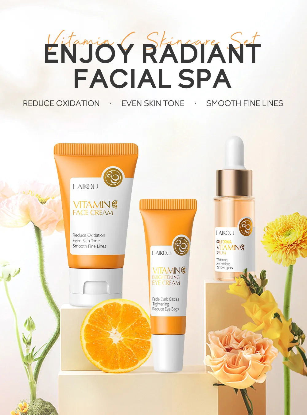 LAIKOU 3pcs Vitamin C & 24K Gold Sakura Skincare Set — Moisturizing Face Cream, Serum & Eye Cream, Anti-Wrinkle Face Care Kit