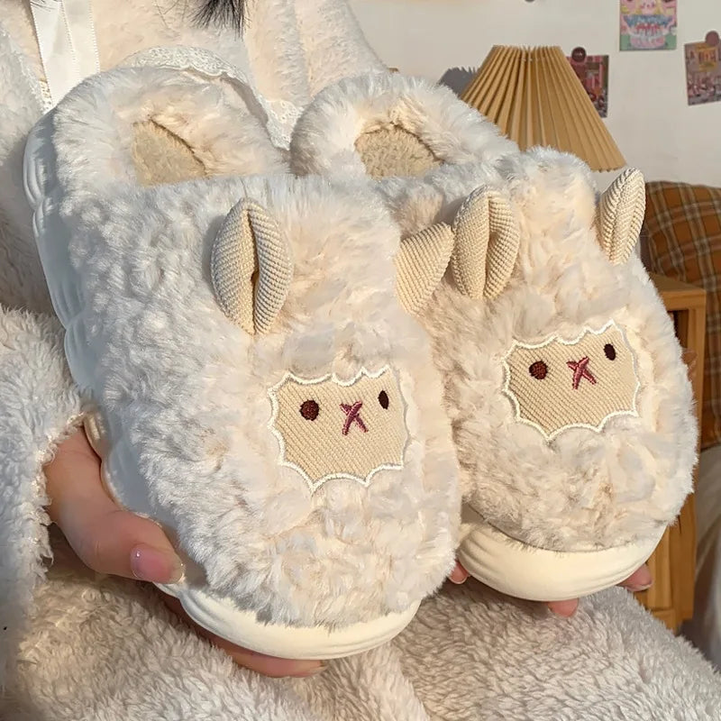 Unisex Sheep Fluffy Slippers – Cute Plush Non-Slip Cartoon Slides for Men & Women Winter House Shoes