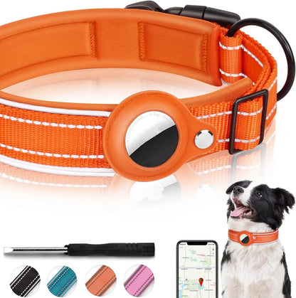 Reflective Heavy-Duty Dog Collar with Adjustable AirTag Holder — For Small, Medium & Large Dogs