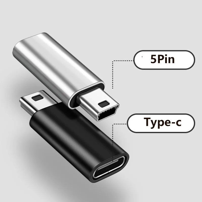 Mini USB to USB Type-C Adapter – 5-Pin Male to Female Data Transfer Connector for GoPro, MP3, Camera & PC