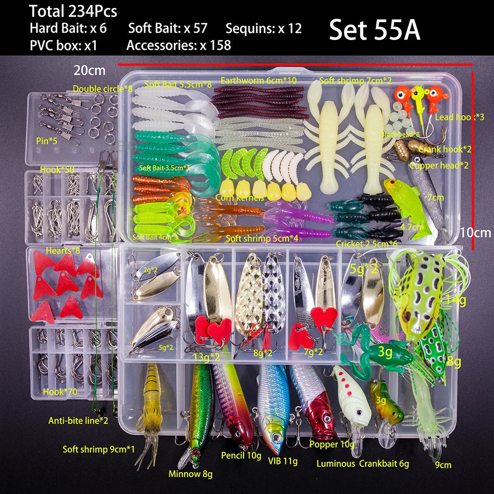 FFLYBG Mixed Fishing Lure Set with Box – Soft & Hard Bait Kit Including Minnow, Metal Jig Spoon & Crankbait for Bass and Pike Fishing Tackle Kit