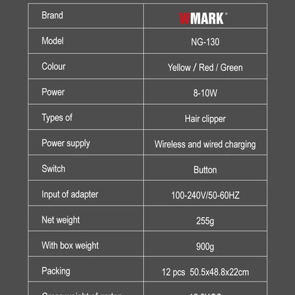 WMARK NG-130 Wireless Charging Hair Clipper – High Speed Professional Type-C Rechargeable Cutter with Charging Stand