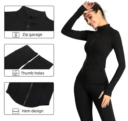 Women's Slim Fit Yoga Crop Top Jacket with Thumb Holes - Long Sleeved Fitness Coat for Gym Workouts