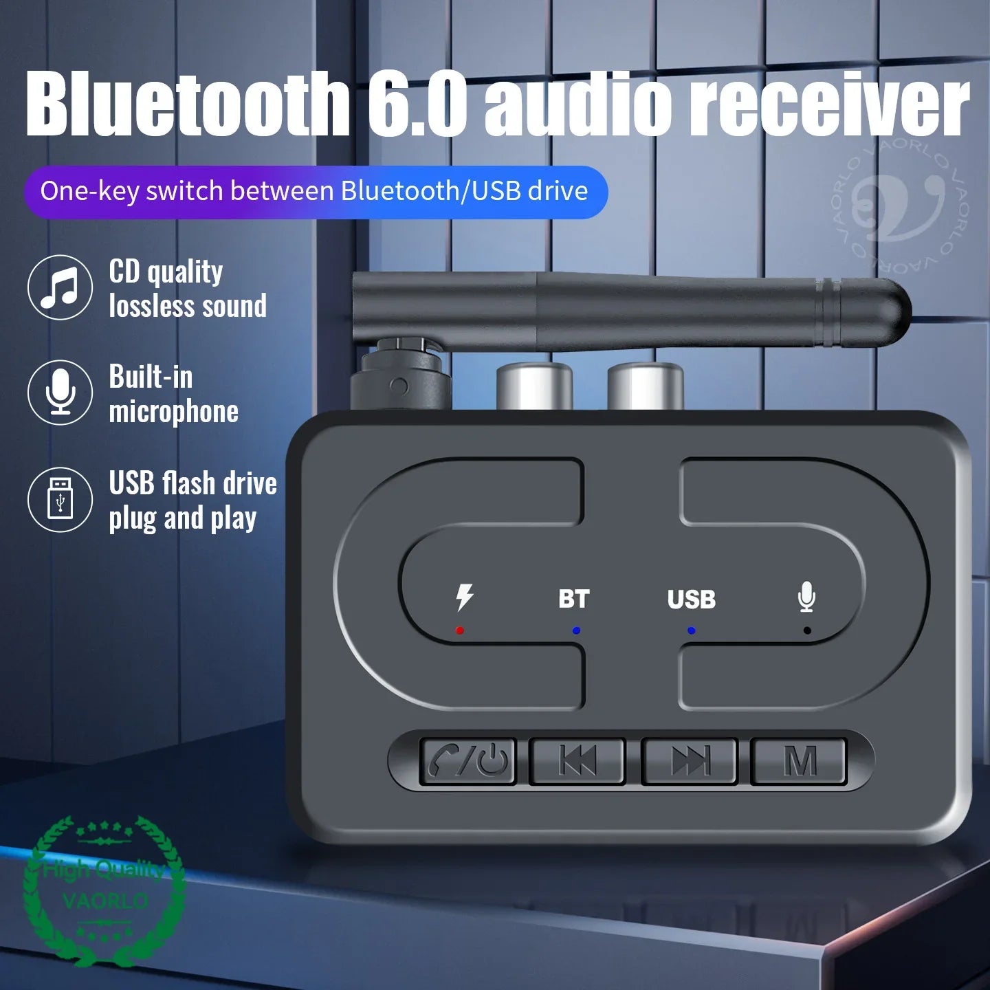VAORLO Bluetooth 6.0 Audio Receiver – 3.5mm AUX/RCA Wireless Adapter with Mic, USB U-Disk Support for Car, Speaker & Amplifier HiFi Stereo