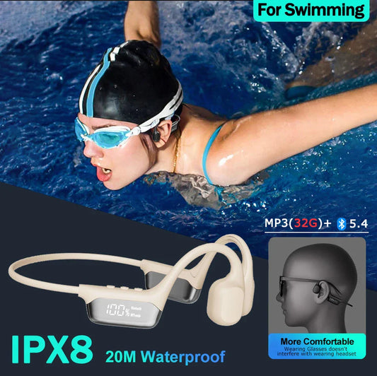 Bone Conduction Bluetooth 5.4 Headphones – Wireless IPX8 Waterproof Earphones for Swimming & Sports with MP3 Player, 32GB Storage