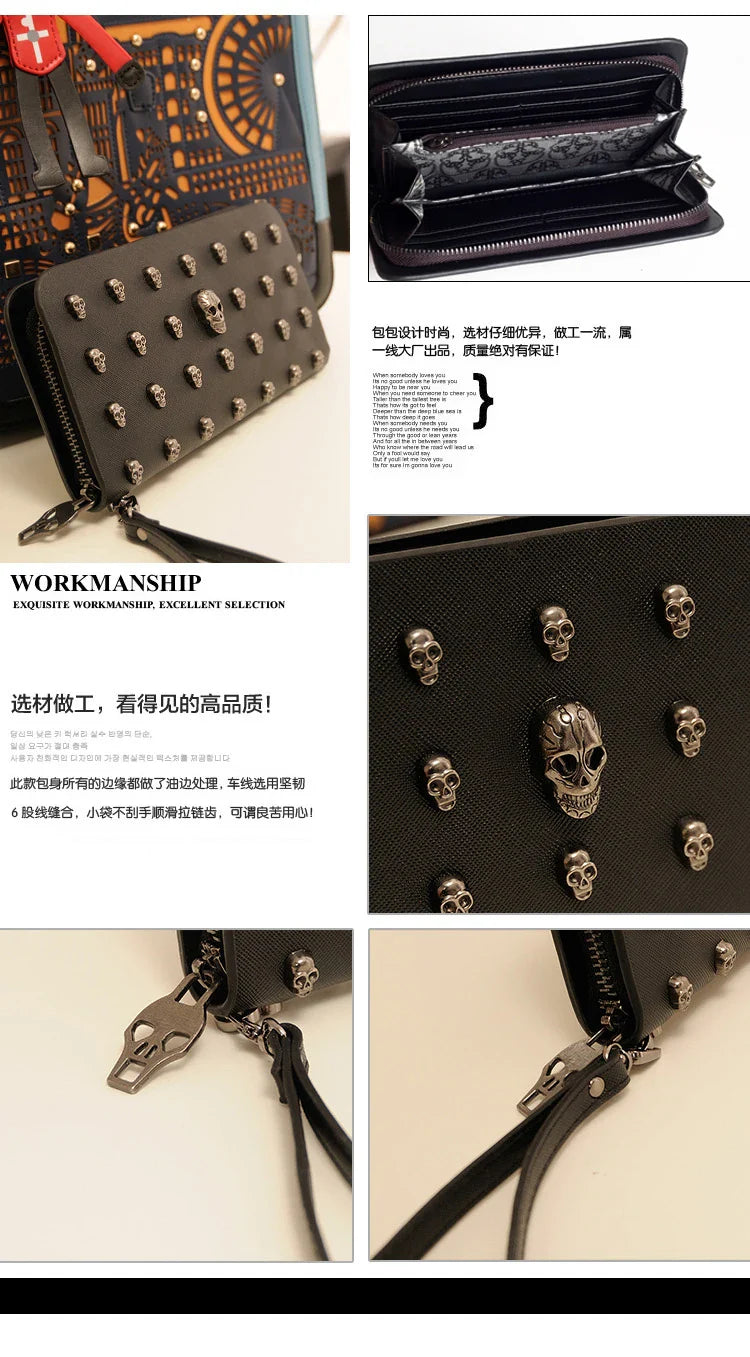 Women's Gothic Skull Head Long Wallet – Black Handheld Mobile Wallet with Wrist Strap & Card Clip