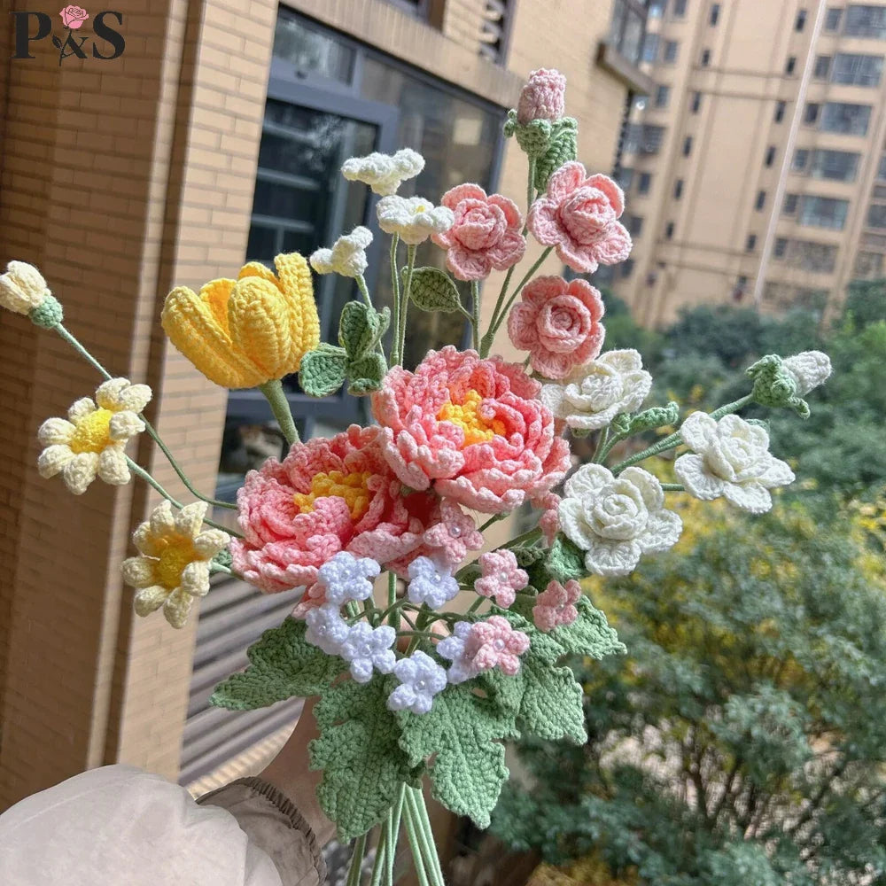 Handmade Crochet Flower Bouquet – Peony, Tulip & Rose Artificial Flowers for Wedding, Home Decor & Gift