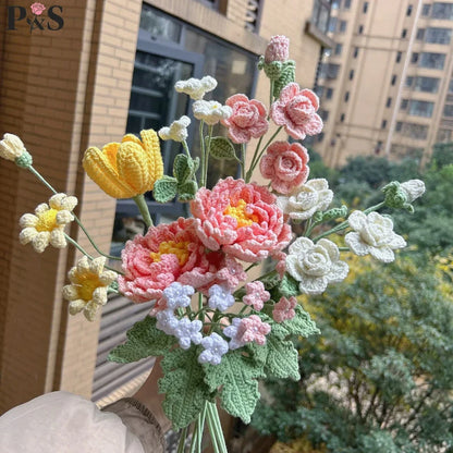 Handmade Crochet Flower Bouquet – Peony, Tulip & Rose Artificial Flowers for Wedding, Home Decor & Gift