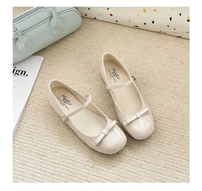 Spring Autumn Wine Red Mary Jane Shoes – Women’s Low Heel Leather Flats with Butterfly Knot & Round Toe