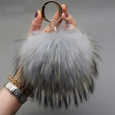 Luxury 15cm Fluffy Real Raccoon Fur Pom Pom Keychain – High-Quality Metal Ring Pendant for Women