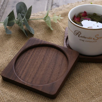 Solid Walnut & Beech Wood Coaster — Durable Heat-Resistant Round & Square Cup Mat, 8.8cm Tea & Coffee Placemat