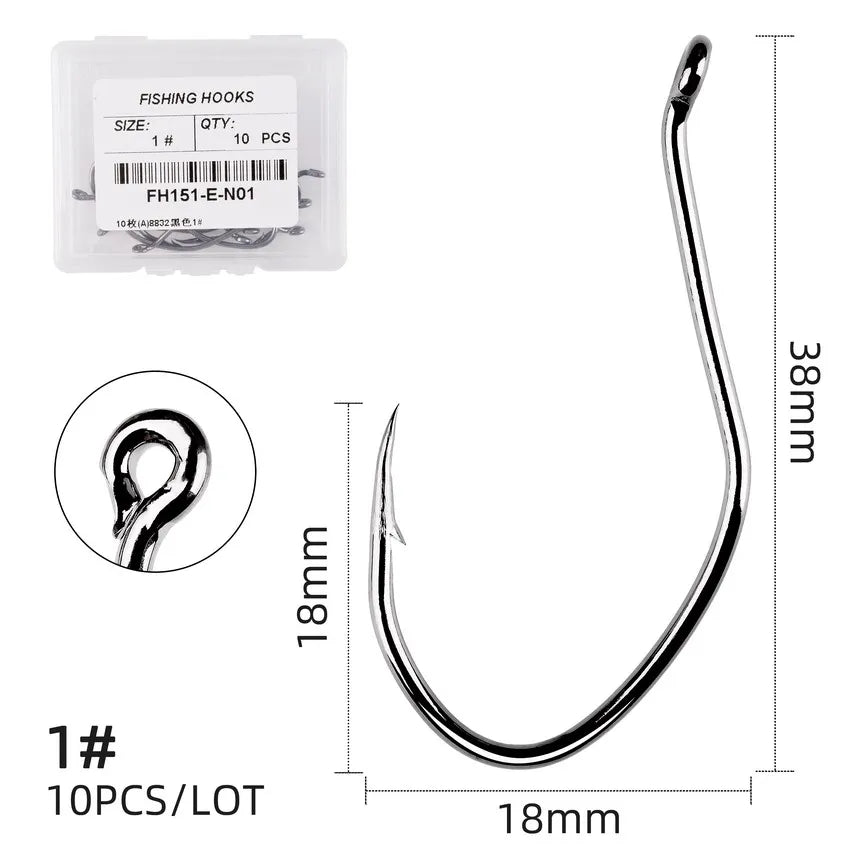 10pcs Catfish Fishing Hooks – High Carbon Steel Barbed Circle Hooks 6/0–10 V-Sharp Tackle