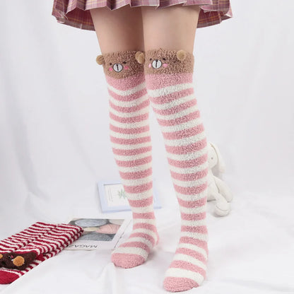 Japanese Girl Animal Knee Socks – Cute Striped Compression Thigh-High Warm Socks for Autumn & Winter