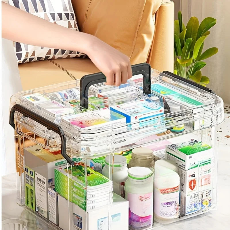 Large Capacity Double-Layer Medicine Organizer Box – Waterproof Transparent Storage for Home & Travel