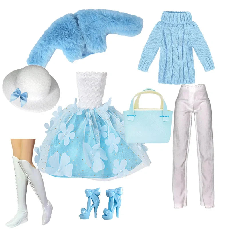 Elegant 1/6 Doll Outfit – Pink Houndstooth Dress, Hat, Gold Belt, Handbag & Shoes Set