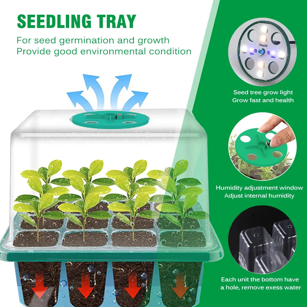 Plants Seed Starter Trays with Grow Light — 12-Hole Nursery Pots for Home, Greenhouse & Indoor Growing