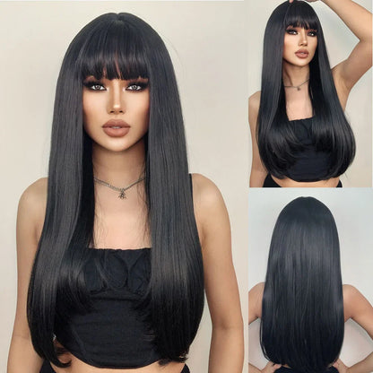 Ombre Honey Brown Long Synthetic Wig with Bangs — Wavy, Realistic, Soft, Heat-Resistant Hair for Daily & Party