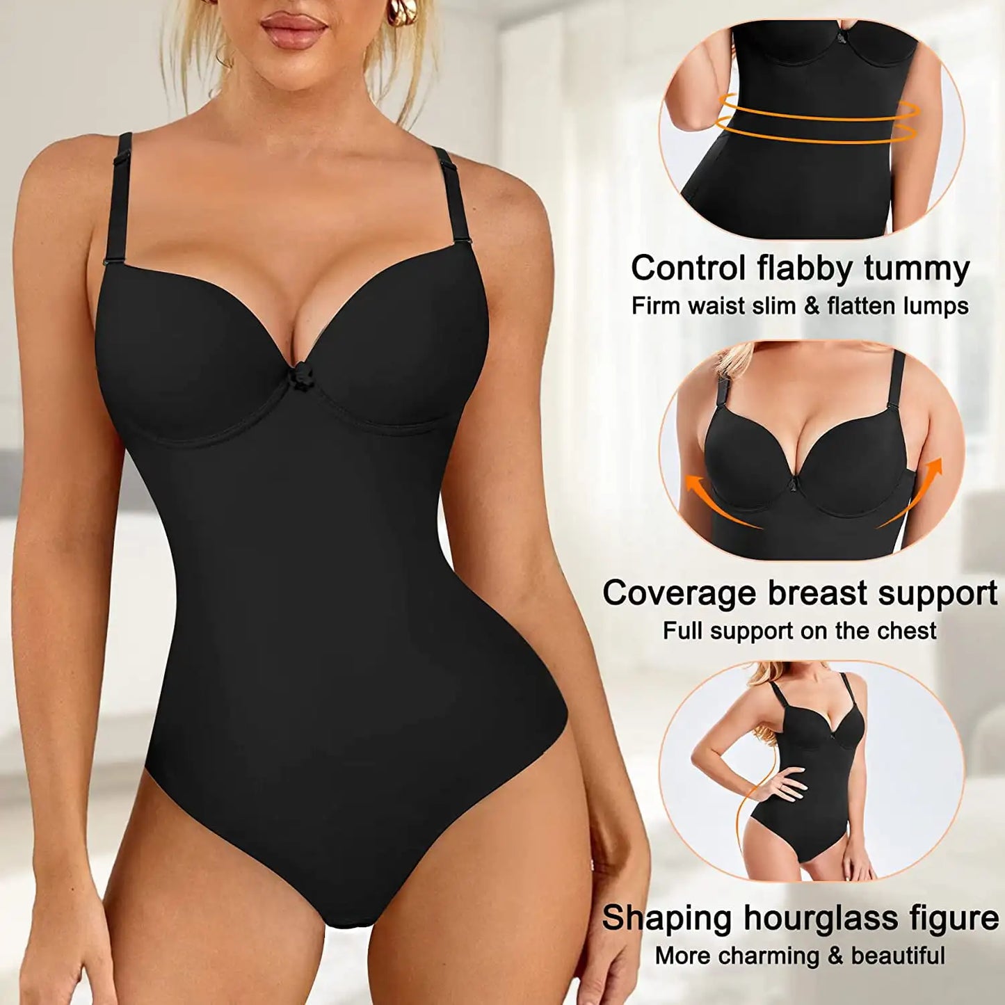 Women’s Slimming Shapewear Bodysuit - V Neck Waist Trainer Jumpsuit with Underwire Bra & Tummy Control Support