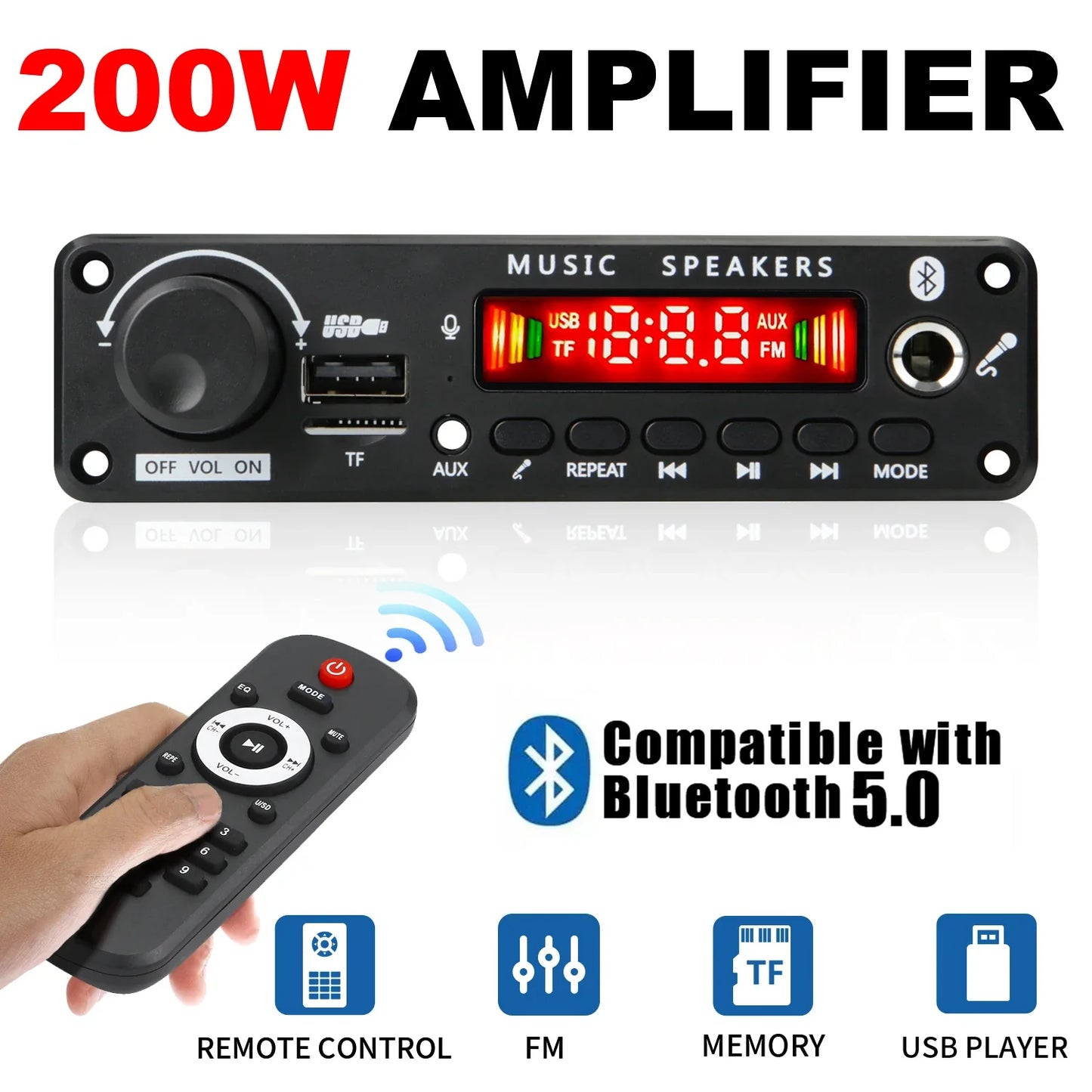 200W Bluetooth Amplifier Board - DIY MP3 WAV Decoder with USB, TF Card, FM Radio & Microphone, DC 12V
