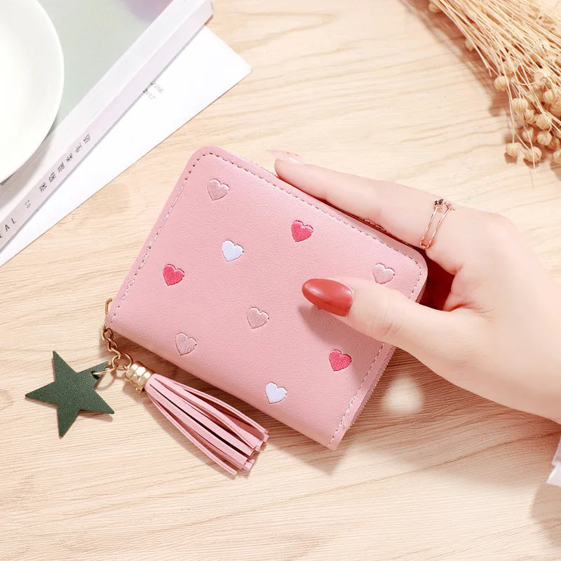 Pu Leather Mini Wallet for Women - Multifunctional Money Clip with Love Embroidery and Certificate Storage