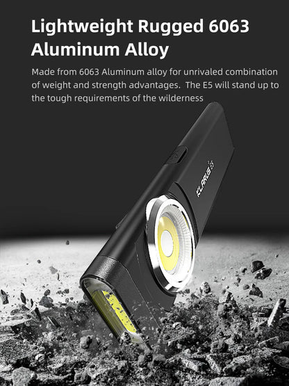 Klarus E5 COB Flashlight – Magnetic Dual Light Torch with 8 Lighting Modes, USB-C Rechargeable EDC Strobe for Emergency Use