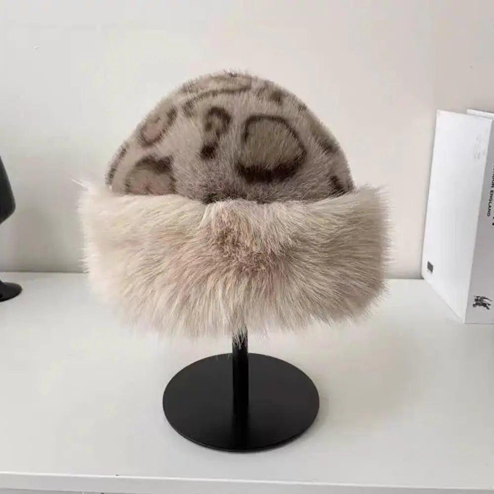 Retro Leopard Print Plush Cat Ear Beanie – Thick Warm Fur Hat for Women, Windproof & Fluffy Winter Snow Cap