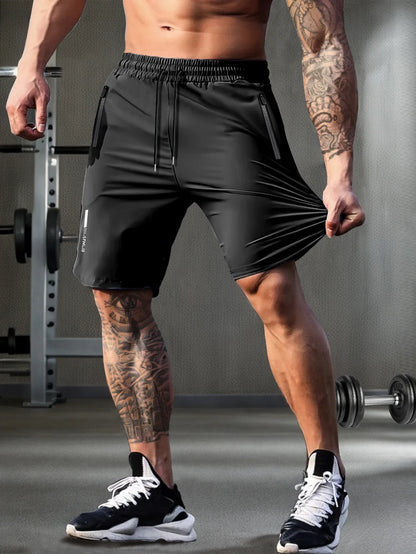 Men’s Solid Color Casual Shorts – Elastic Waist with Drawstring and Zipper Pockets, Loose Fit High Elasticity
