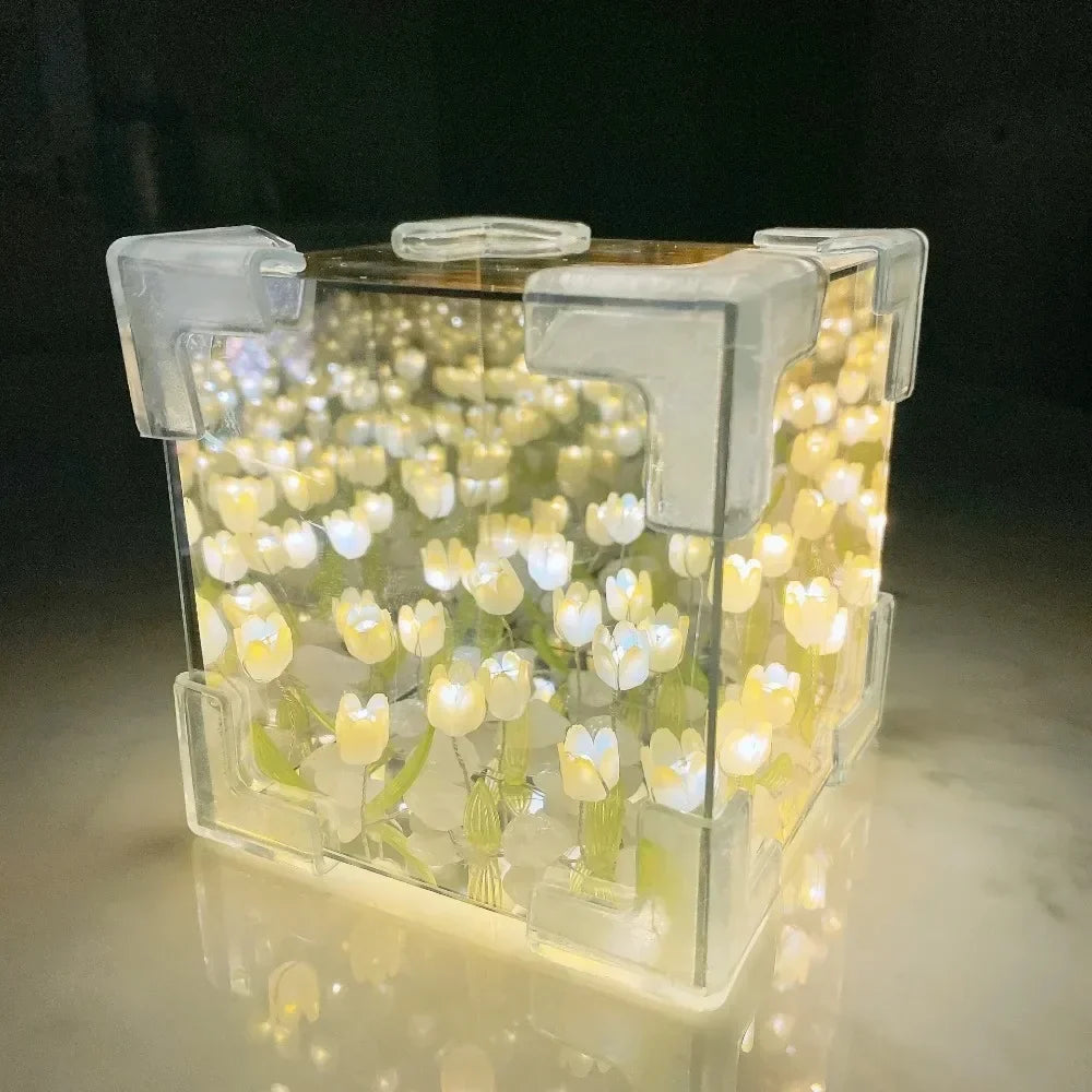 DIY Tulip Flower Sea Cube Night Lamp – 3D Creative Material Kit for Couples