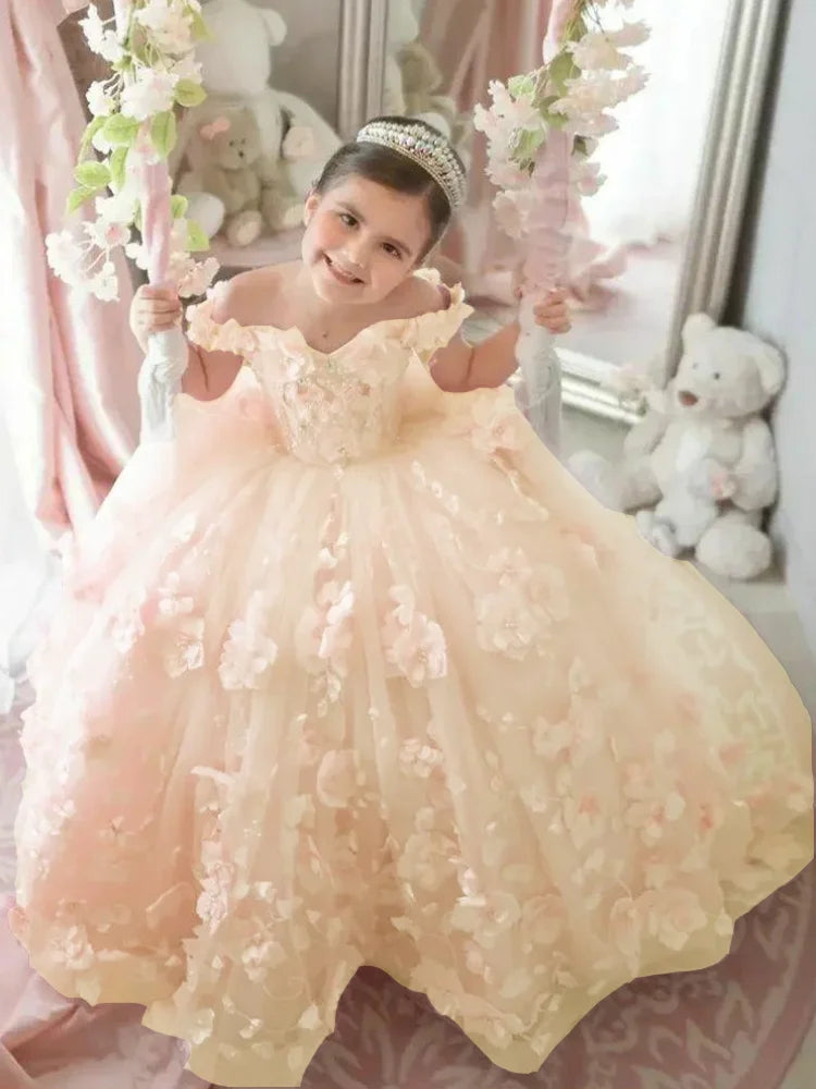 Pink Flower Girl Dress - 3D Floral Applique Pearl Tulle Gown for Weddings & Parties