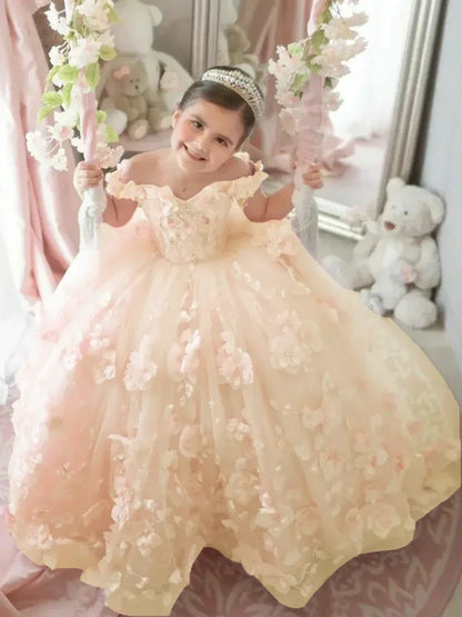 Pink Flower Girl Dress - 3D Floral Applique Pearl Tulle Gown for Weddings & Parties