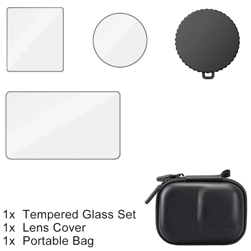 DJI Osmo Action Screen Protector & Lens Cover Kit — Tempered Glass Film with Bag Case for Action 3, 4, 5 Pro Accessories