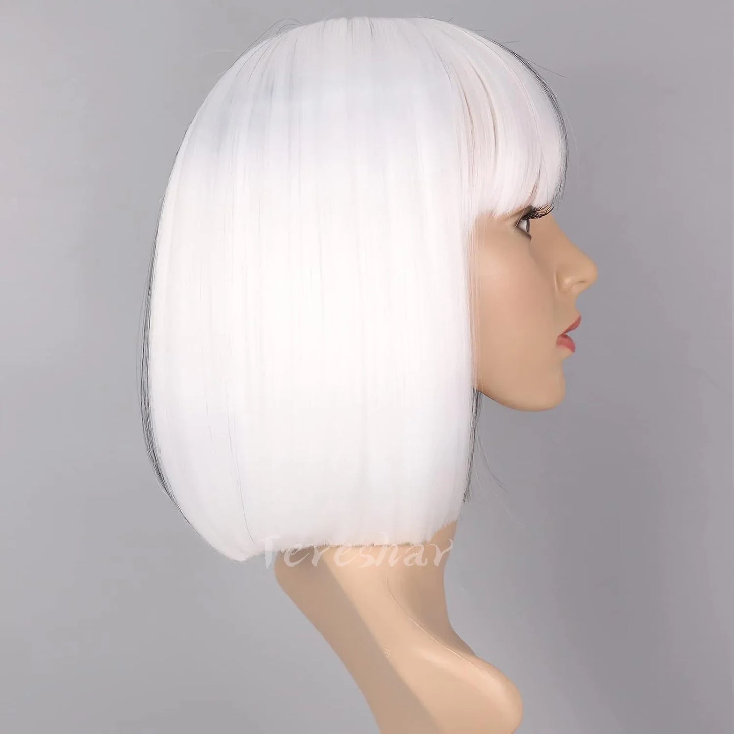 Synthetic Half Black Half White Bob Wig – Short Straight Wig with Bangs for Women, Cosplay & Party Wear