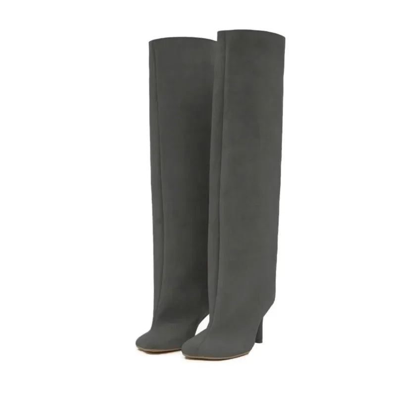 Women’s Suede Wide-Calf Knee-High Boots – Square Toe Stiletto Pull-On Riding Style Casual Chic Footwear