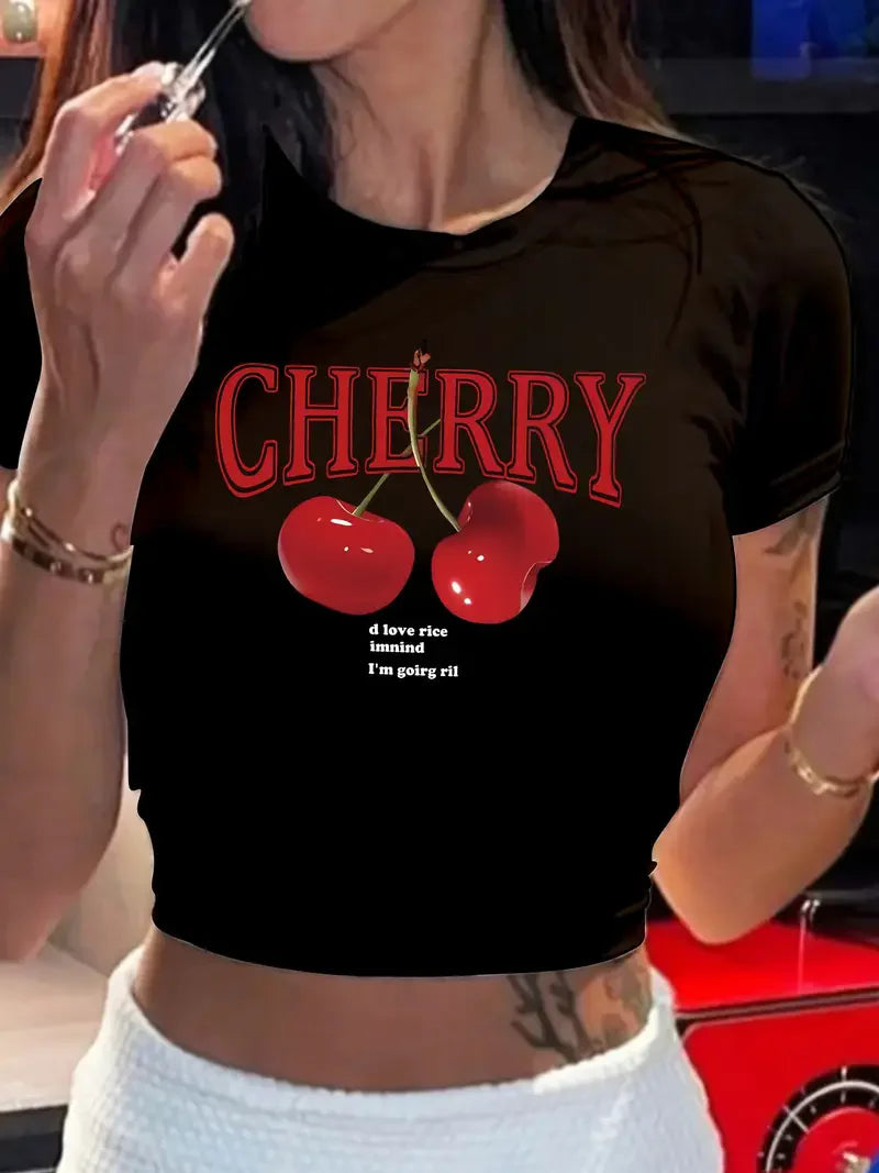 Women’s Y2K Cherry Print Crop T-Shirt – Crew Neck Short Sleeve Tight Fit Summer Fashion Top