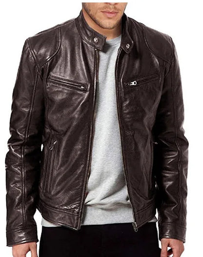 Men’s Slim Fit Motorcycle Leather Jacket – Short Lapel PU Zipper Windproof Coat for Autumn