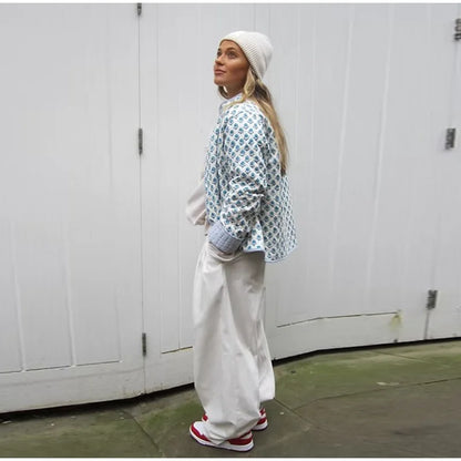 2025 Women’s Printed Quilted Padded Jacket – Collared Cotton Coat with Contrast Piped Pockets, Casual Autumn Outerwear