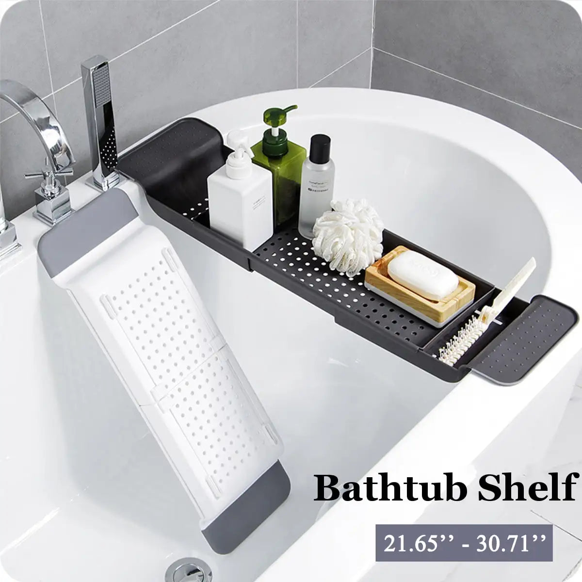 Expandable Bathtub Tray with Drain | Multifunctional Bathtub Shelf | Detachable PP Storage Organizer | Adjustable 55-78 CM