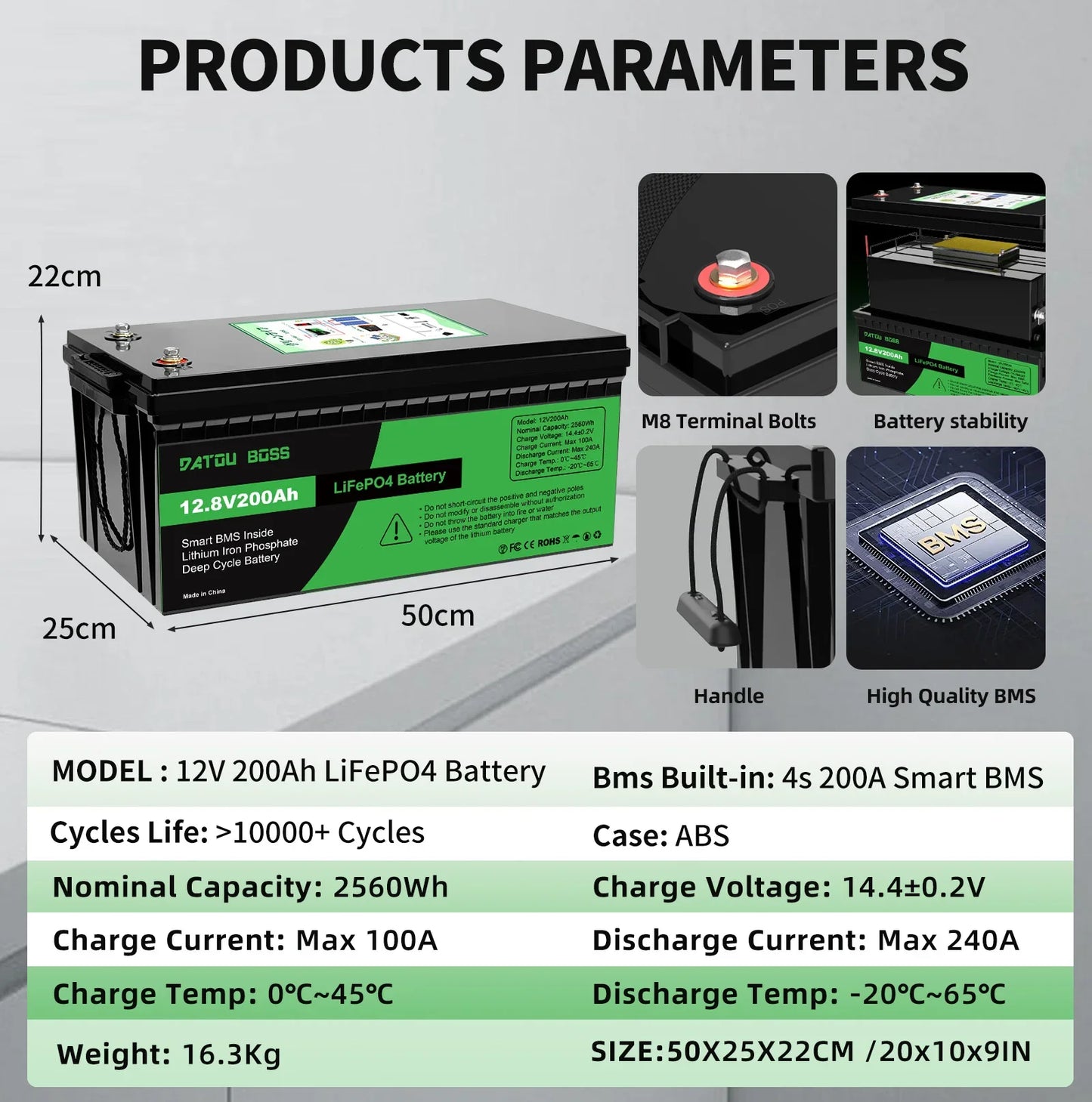 DATOUBOSS 12V 100Ah LiFePO4 Battery — 1280Wh Lithium Battery with 100A BMS, 8000-15000 Deep Cycles, Series/Parallel Support