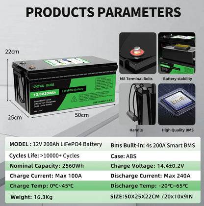 DATOUBOSS 12V 100Ah LiFePO4 Battery — 1280Wh Lithium Battery with 100A BMS, 8000-15000 Deep Cycles, Series/Parallel Support