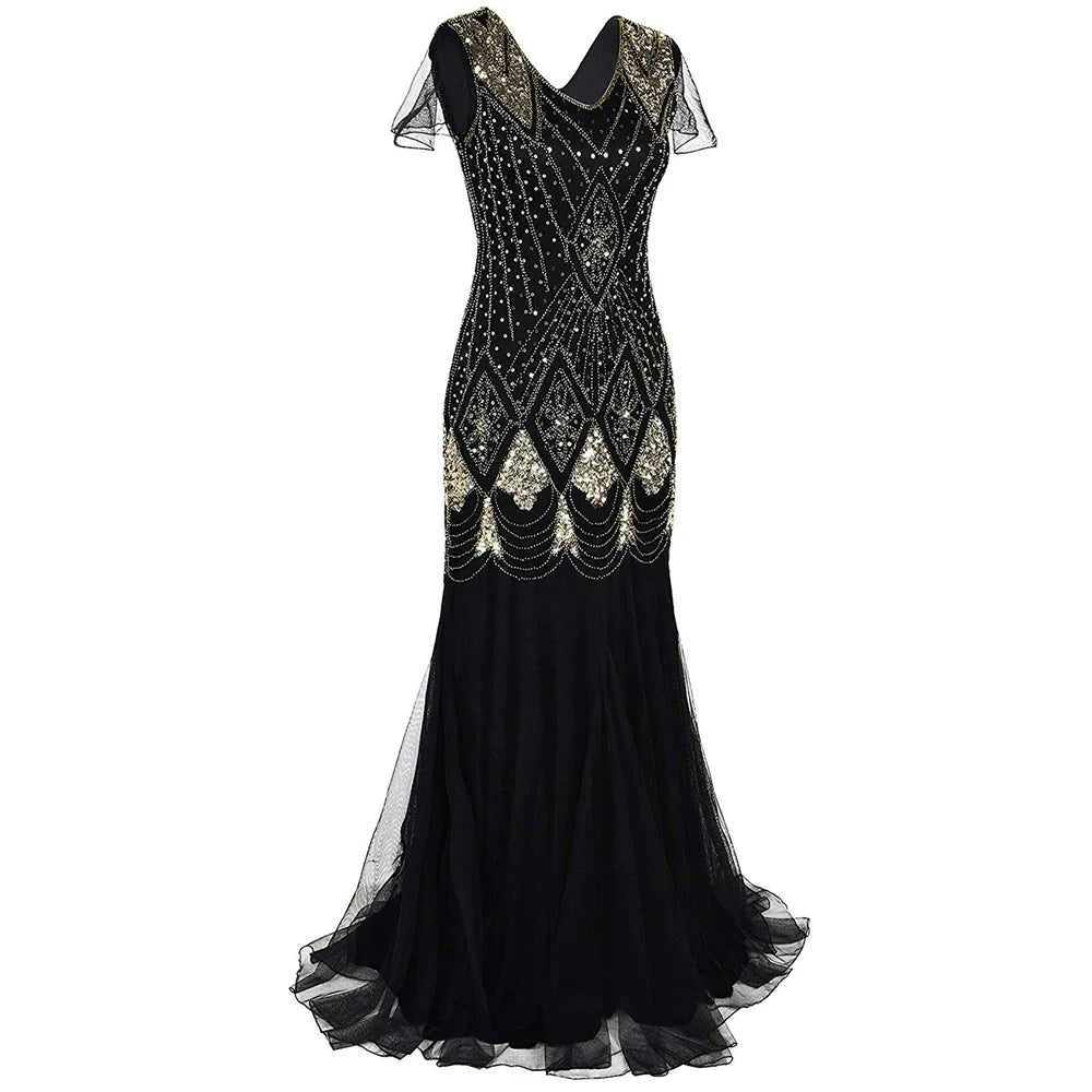 Women’s 1920s Great Gatsby Flapper Dress – Vintage V-Neck Sequin & Bead Long Mesh Maxi Party Prom Gown