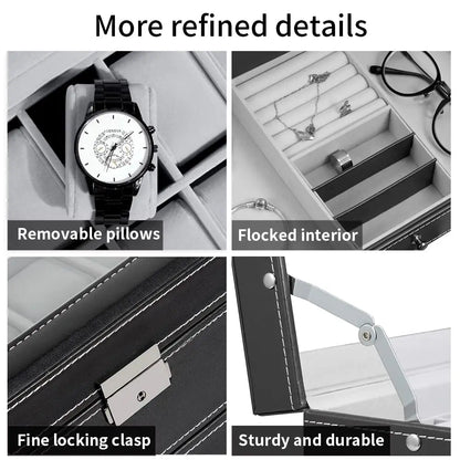 2024 12-Slot Leather Watch Storage Box — Lockable 2-Tier Organizer & Jewelry Display Drawer for Men & Women