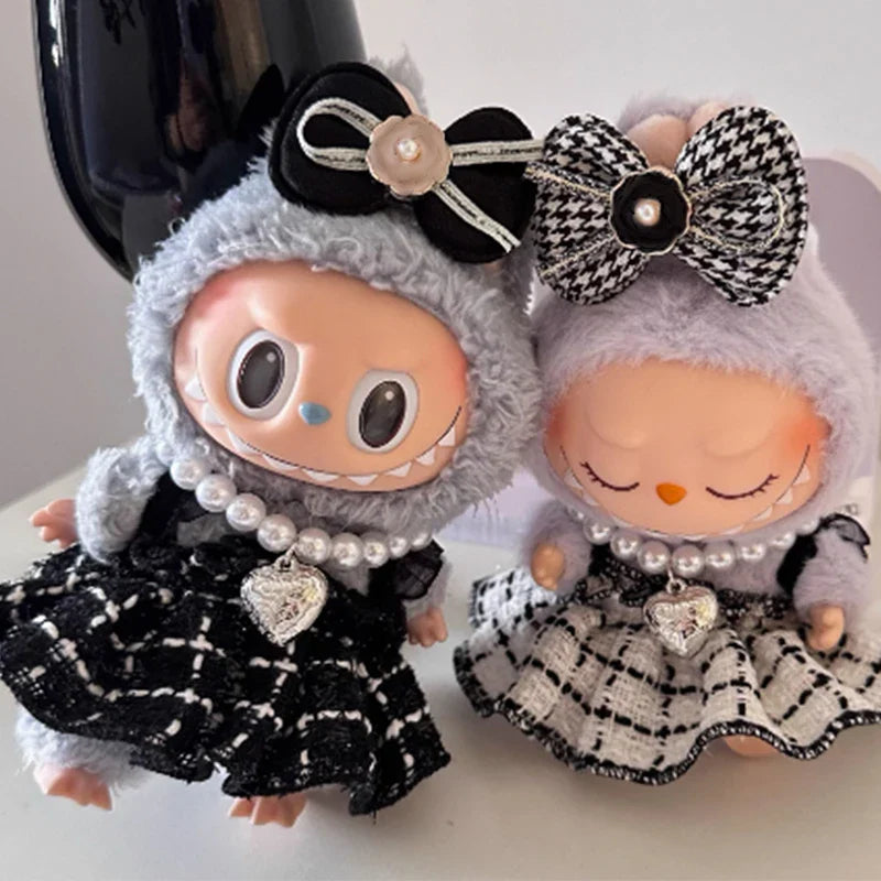 Labubu Doll Clothes Outfit — Black & White Plaid Dress Set | Mini Doll Clothing Accessories | DIY Girl Gift