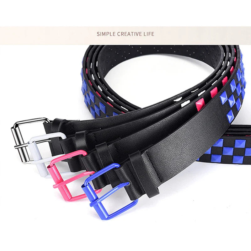 Personalized Rivets Checkerboard PU Leather Belt – 107CM Universal Hip-Hop Punk Fashion Belt for Men & Women