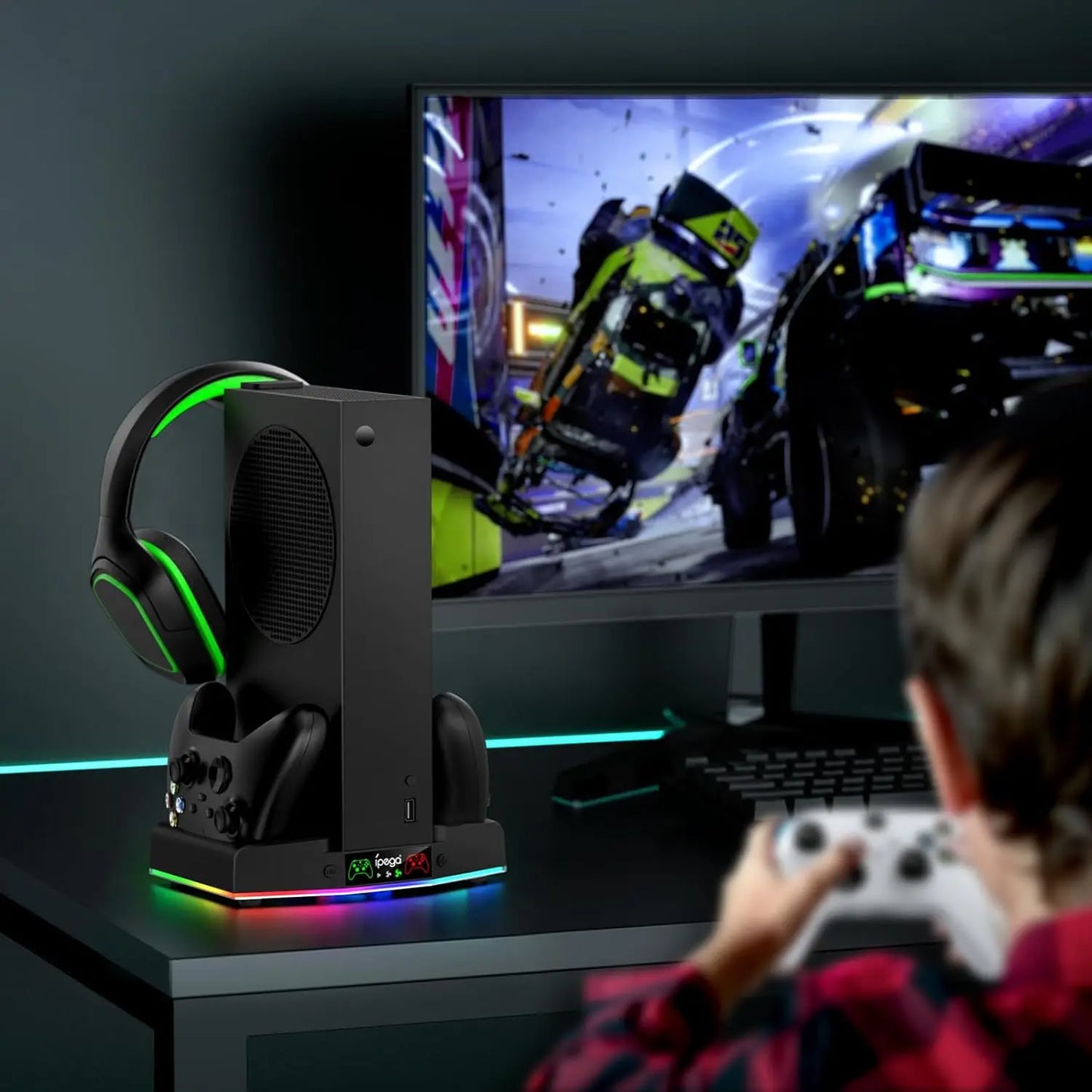 IPEGA Cooling Fan Stand for Xbox Series S – Controller Charging Dock with 15 RGB Lights, Headset Hook, and Charging Station