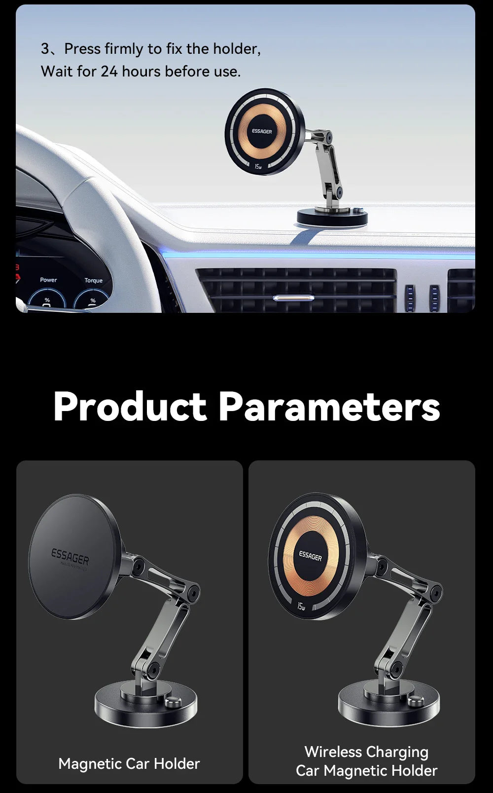 Essager Magnetic Wireless Car Charger – 15W Fast Charging Phone Holder Mount for MagSafe iPhone 15/14/13 Pro Max
