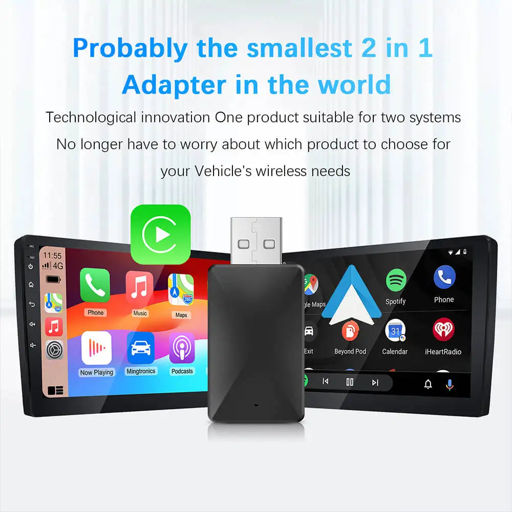 2 in 1 Wired to Wireless CarPlay and Android Auto Adapter - USB Plug and Play for OEM Car Stereo
