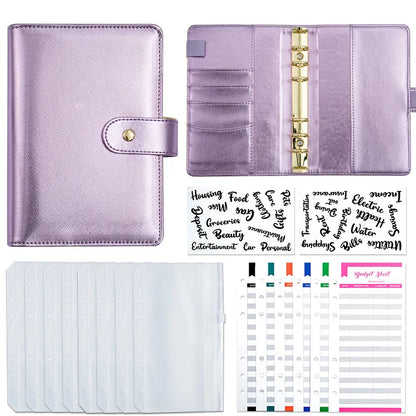A6 Gold Ring Budget Planner Binder – Gold, Purple & Black with Zipper Cash Envelopes for Money Organization